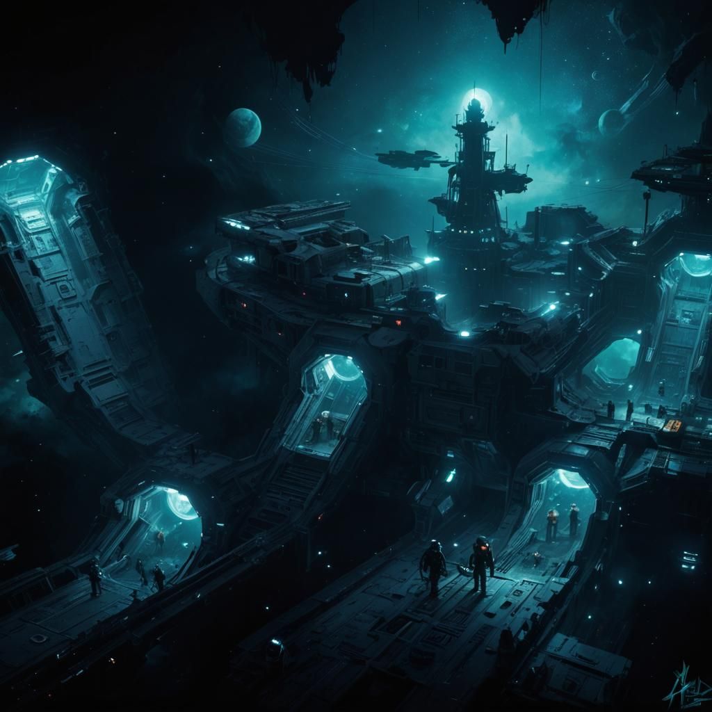 Cyberpunk Spaceport with Jupiter and Saturn