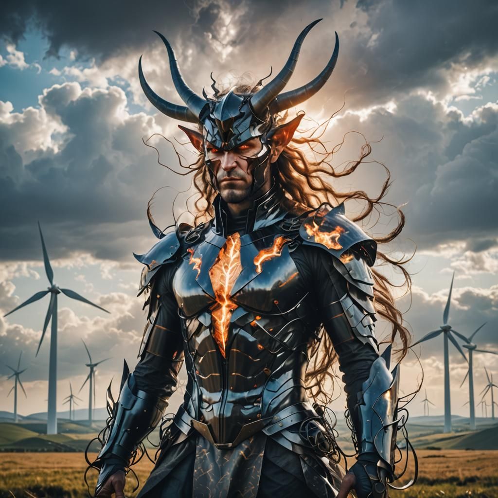 Demonic Portrait in Double Exposure with Wind Energy