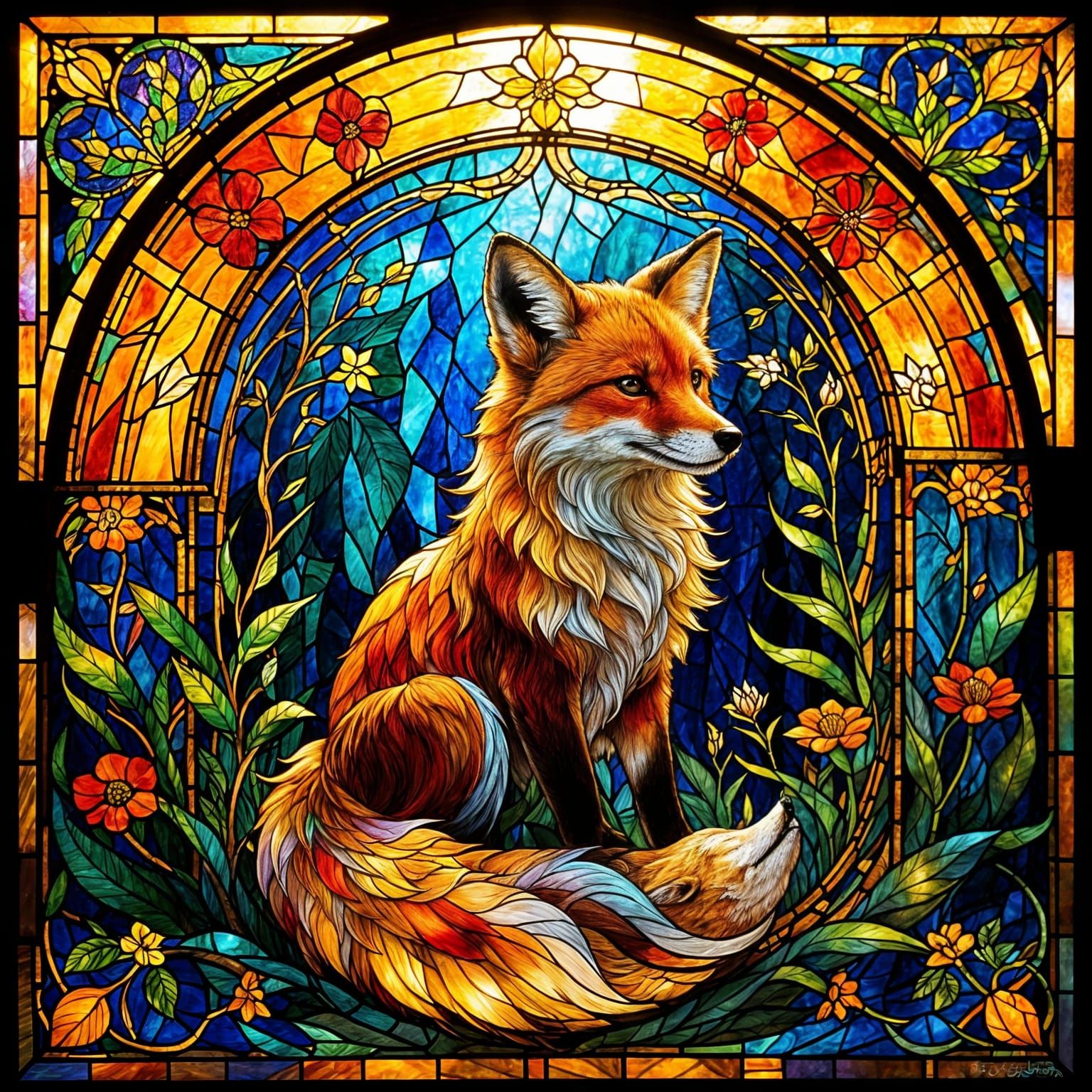 Cute Fluffy Fox in Stained Glass Art