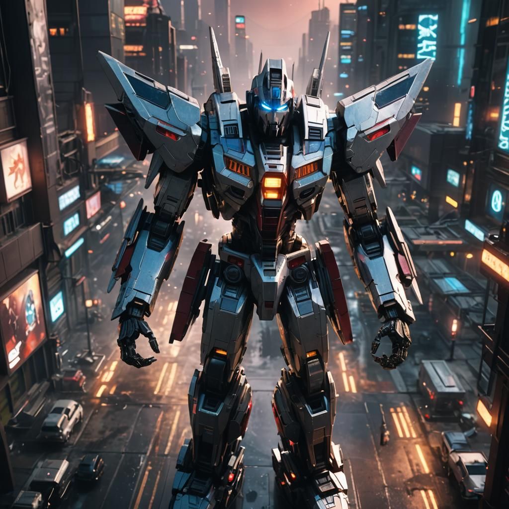 Mega Upgraded Starscream in Futuristic Cityscape