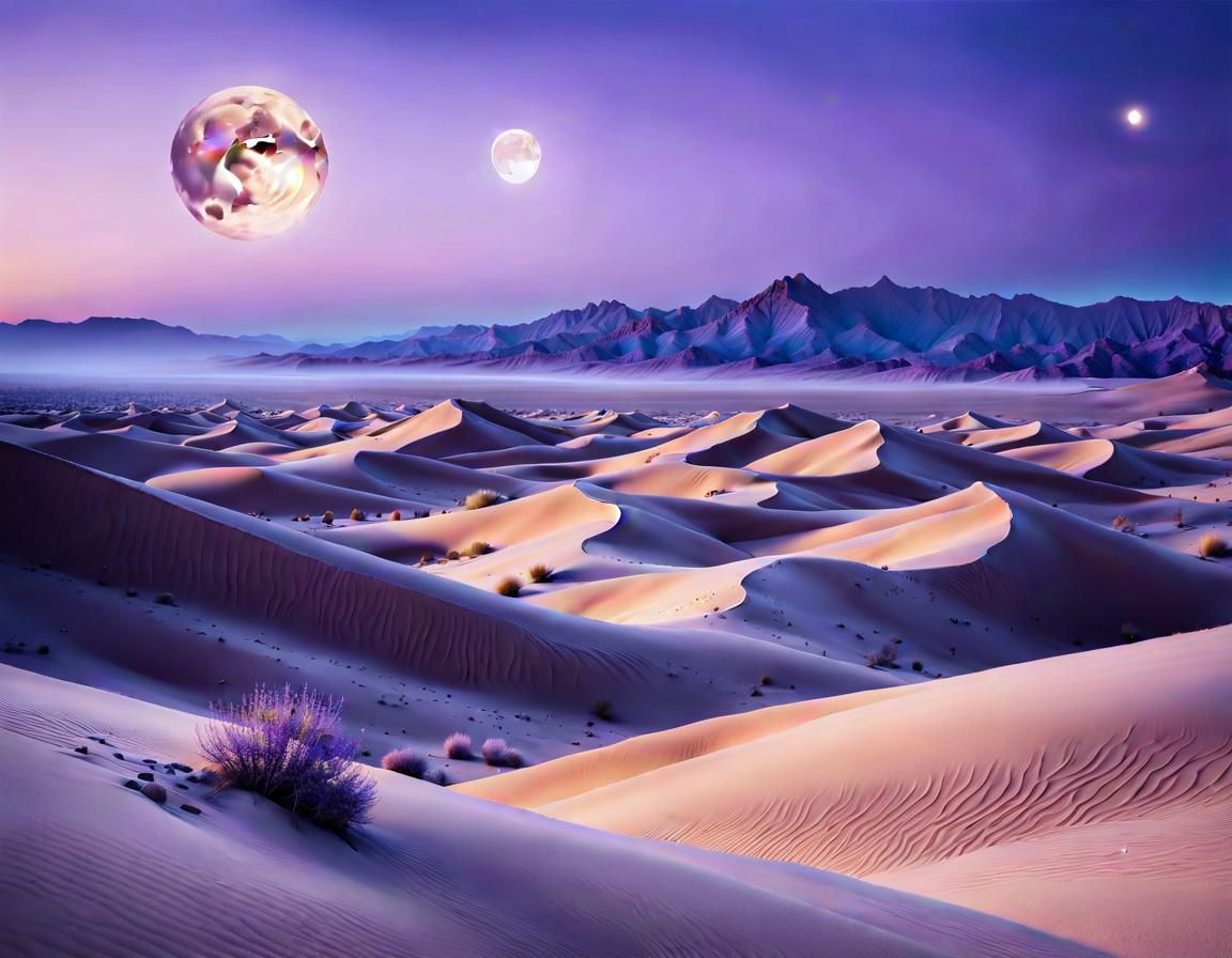 Twilight Desert Landscape with Golden Moon