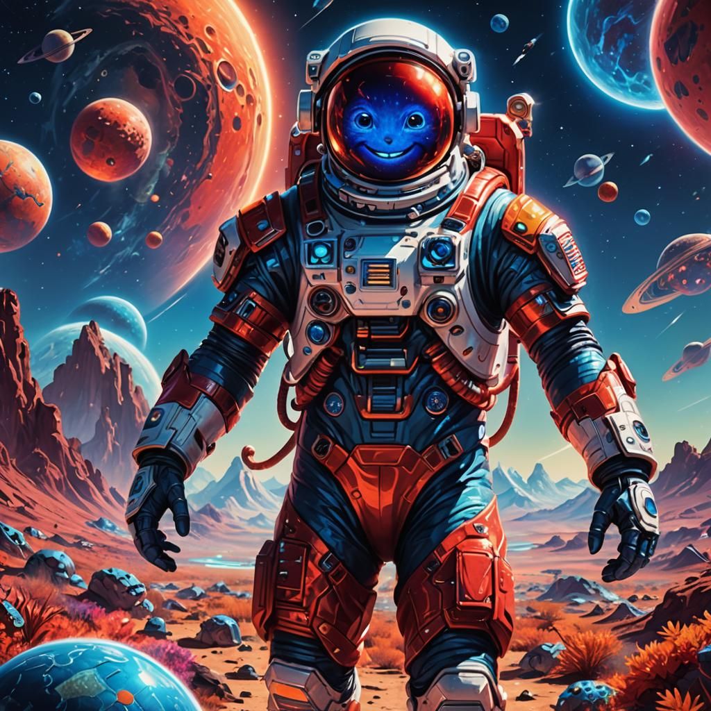 Astronaut and Alien Creature in Vibrant Digital Art