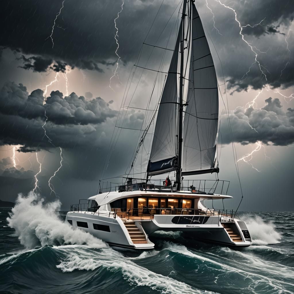 Hyperrealistic Catamaran Yacht in a Lightning Storm