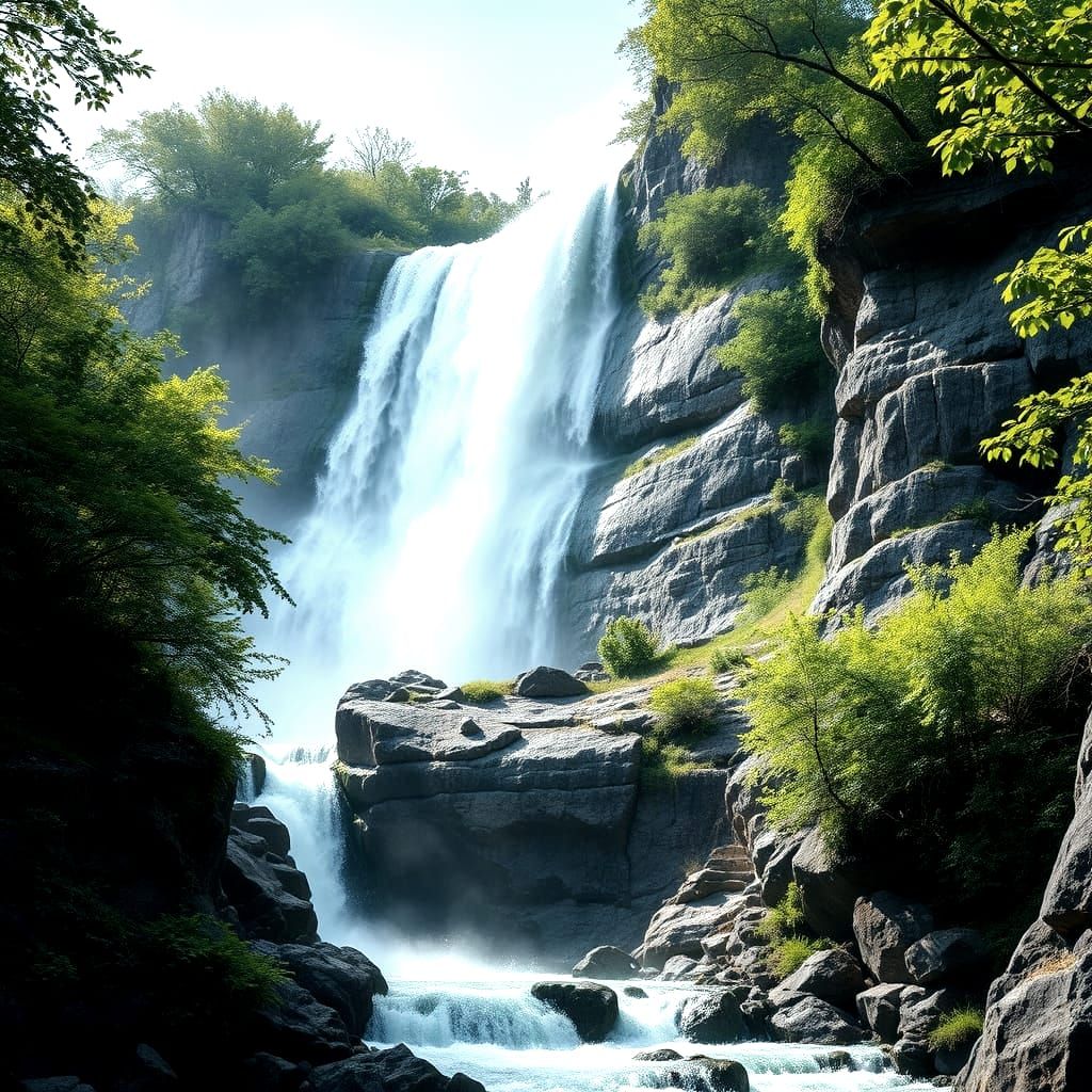 Majestic Waterfall in Lush Green Landscape