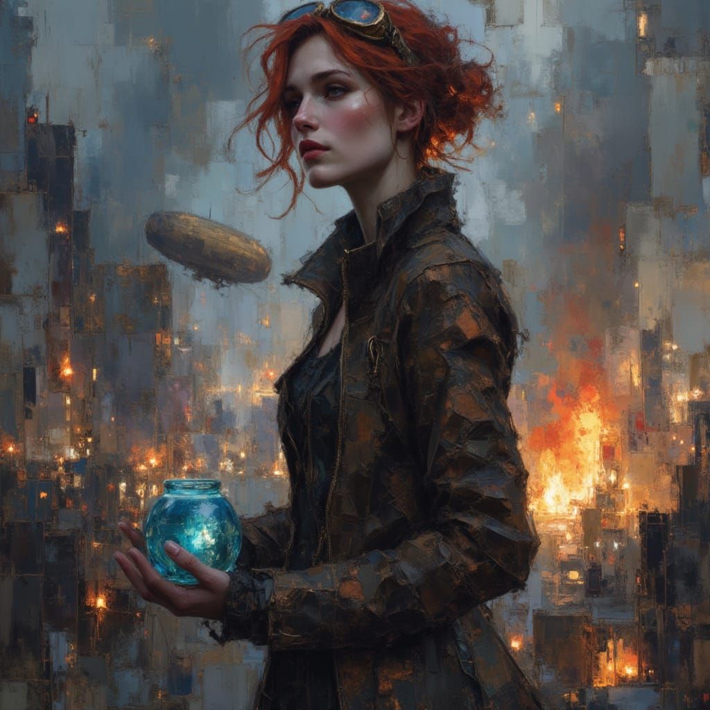 Steampunk Woman with Brass Arm on Factory Rooftop