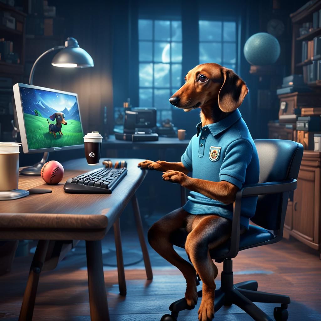 Gamer Sheep and Dachshund Play Ball, Digital Art