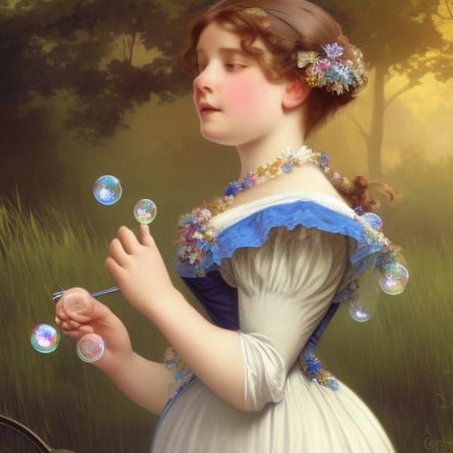 Victorian Girl Blows Soap Bubbles in Sunny Park
