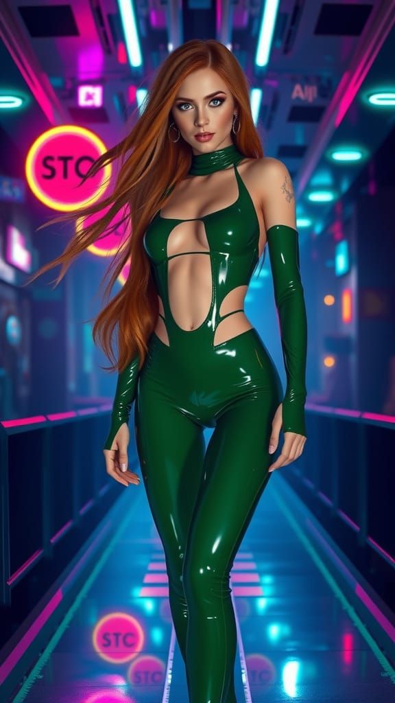 Statuesque Woman in Green Latex Catsuit in Neon Nightclub