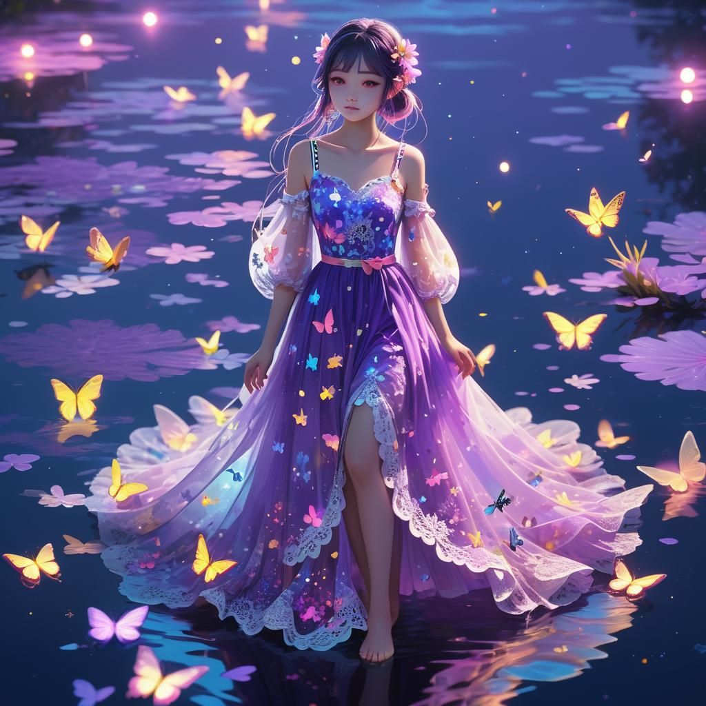 Neon Woman with Butterflies in Anime Style