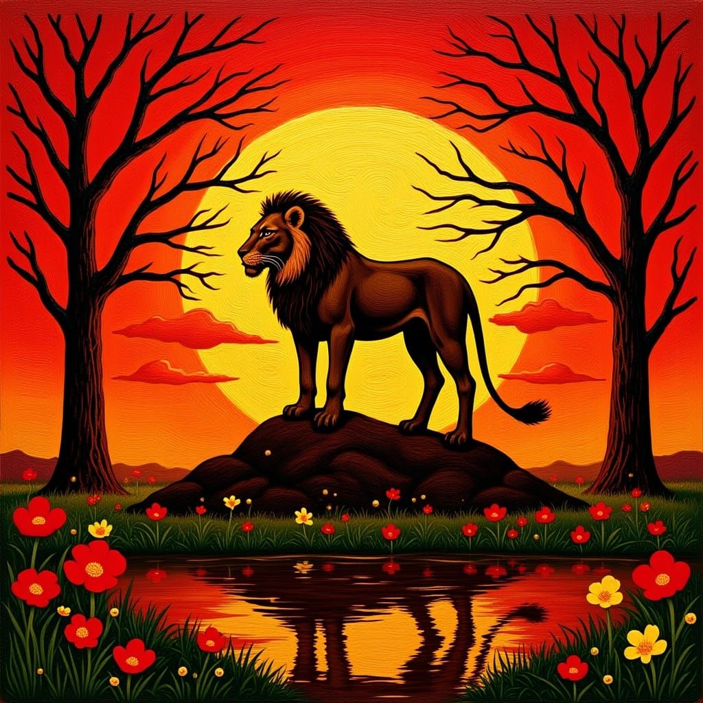 African Lion in Fiery Sunset Painting
