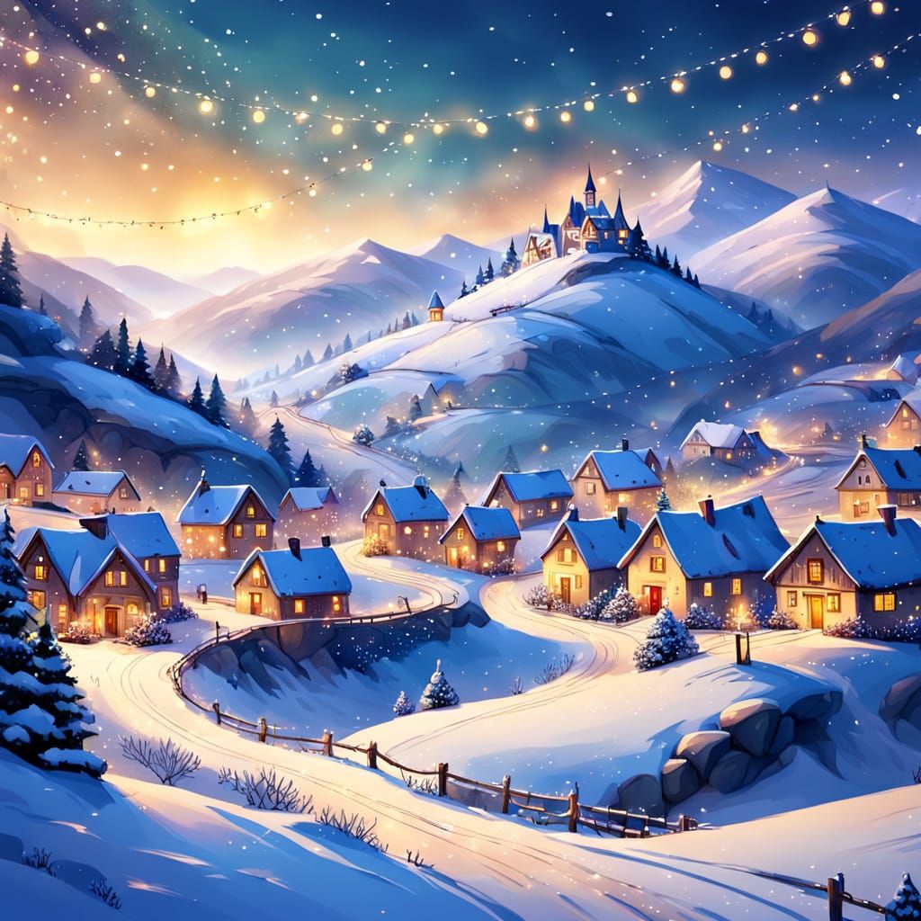 Watercolor Snowy Village in a Winter Wonderland