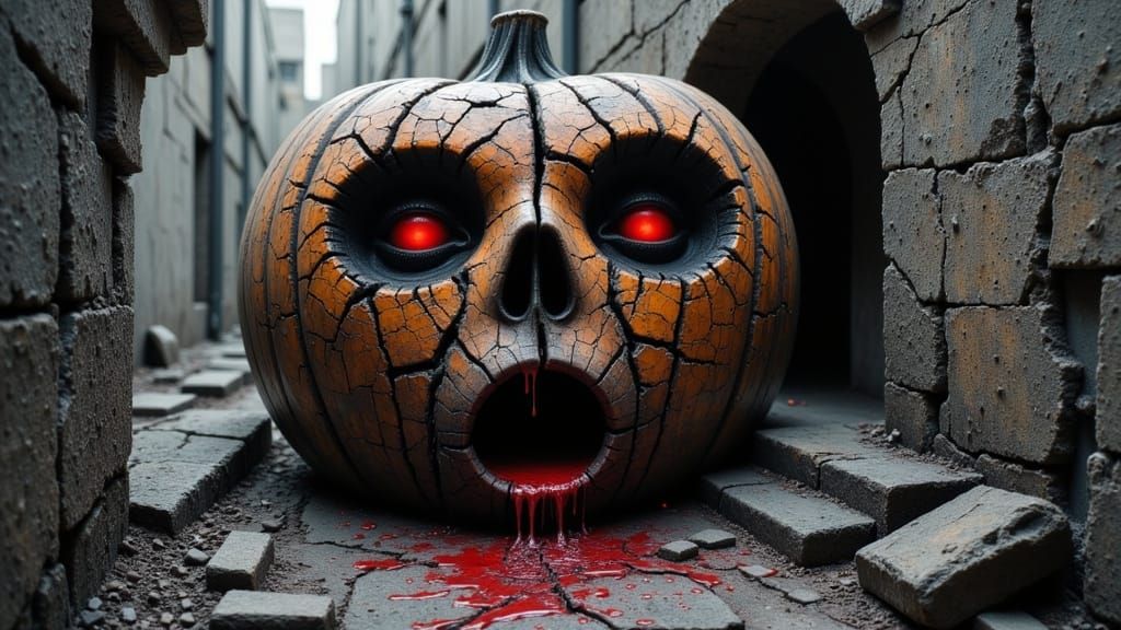 Cracked Heart Bleeds in Smashed Jack-o'-Lantern
