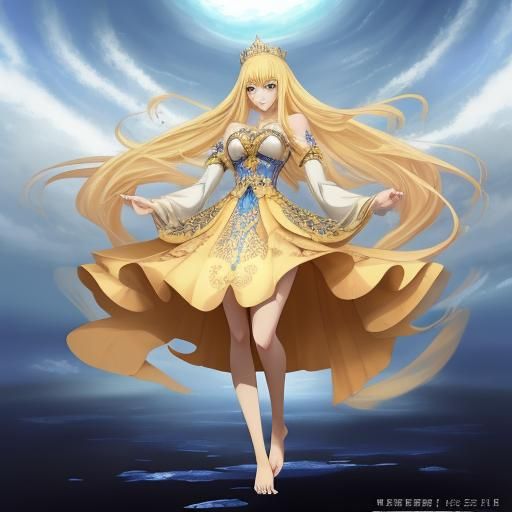 Anime-Style Blond Queen in Flowing Dress