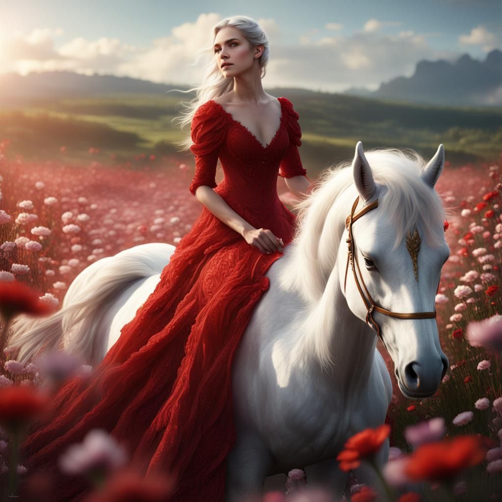Woman on Unicorn in Flower Field: Fantasy Art