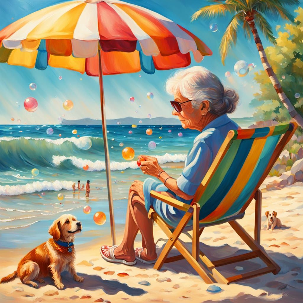 Summer Beach Scene with Woman and Bubbles as Oil Painting