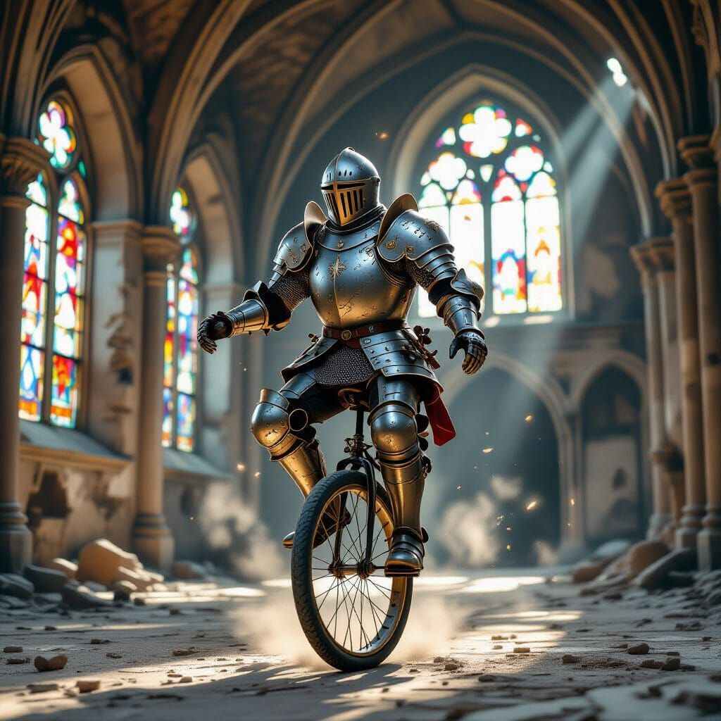 Knight Rides Unicycle in Steampunk Castle Hall
