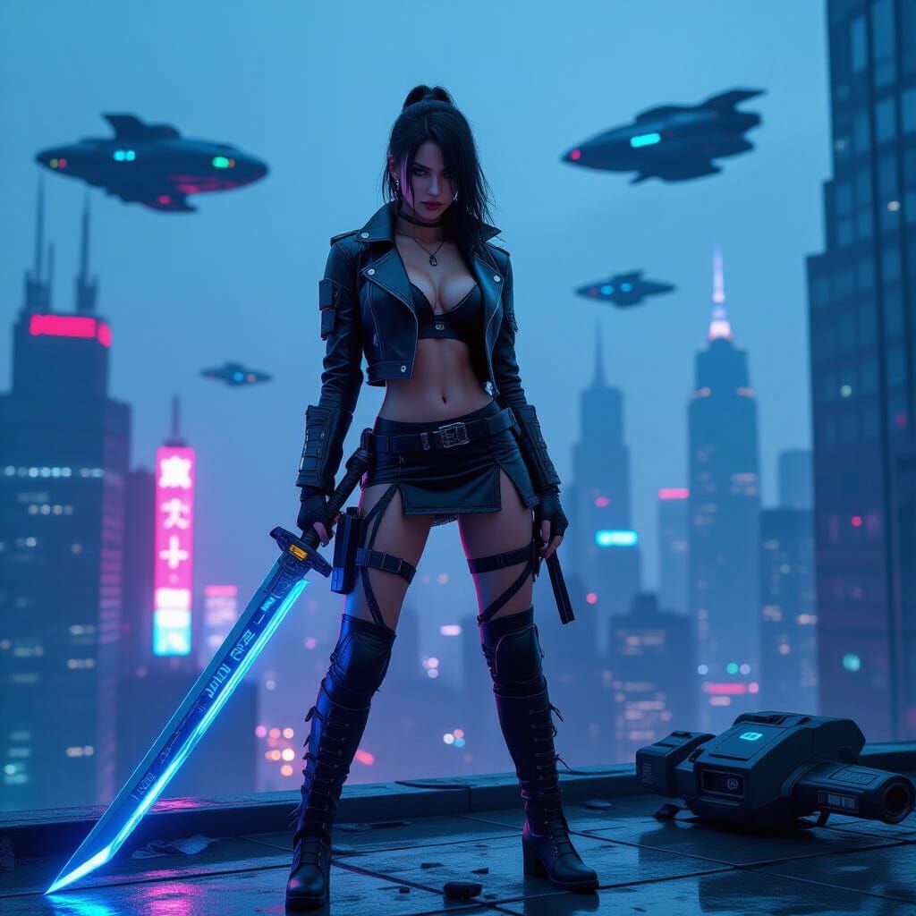 Cyberpunk Woman with Blue Katana on Skyscraper Rooftop