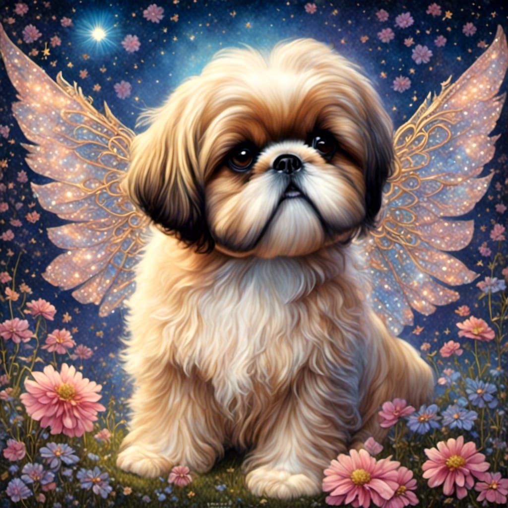 Adorable Shih Tzu Angel in Watercolor Storybook Style