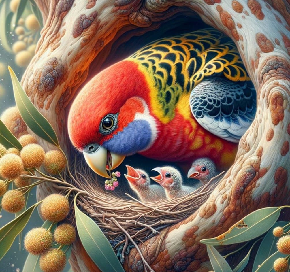 Eastern Rosella Feeding Nestlings: Watercolour and Pencil Ar...
