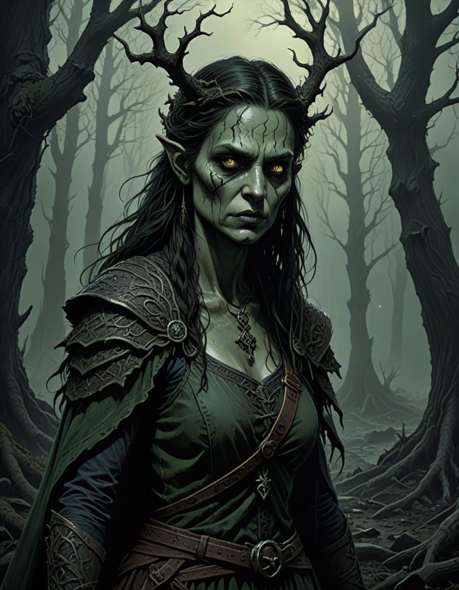 Dark Folk Horror Shtriga in a Misty, Moonlit Forest