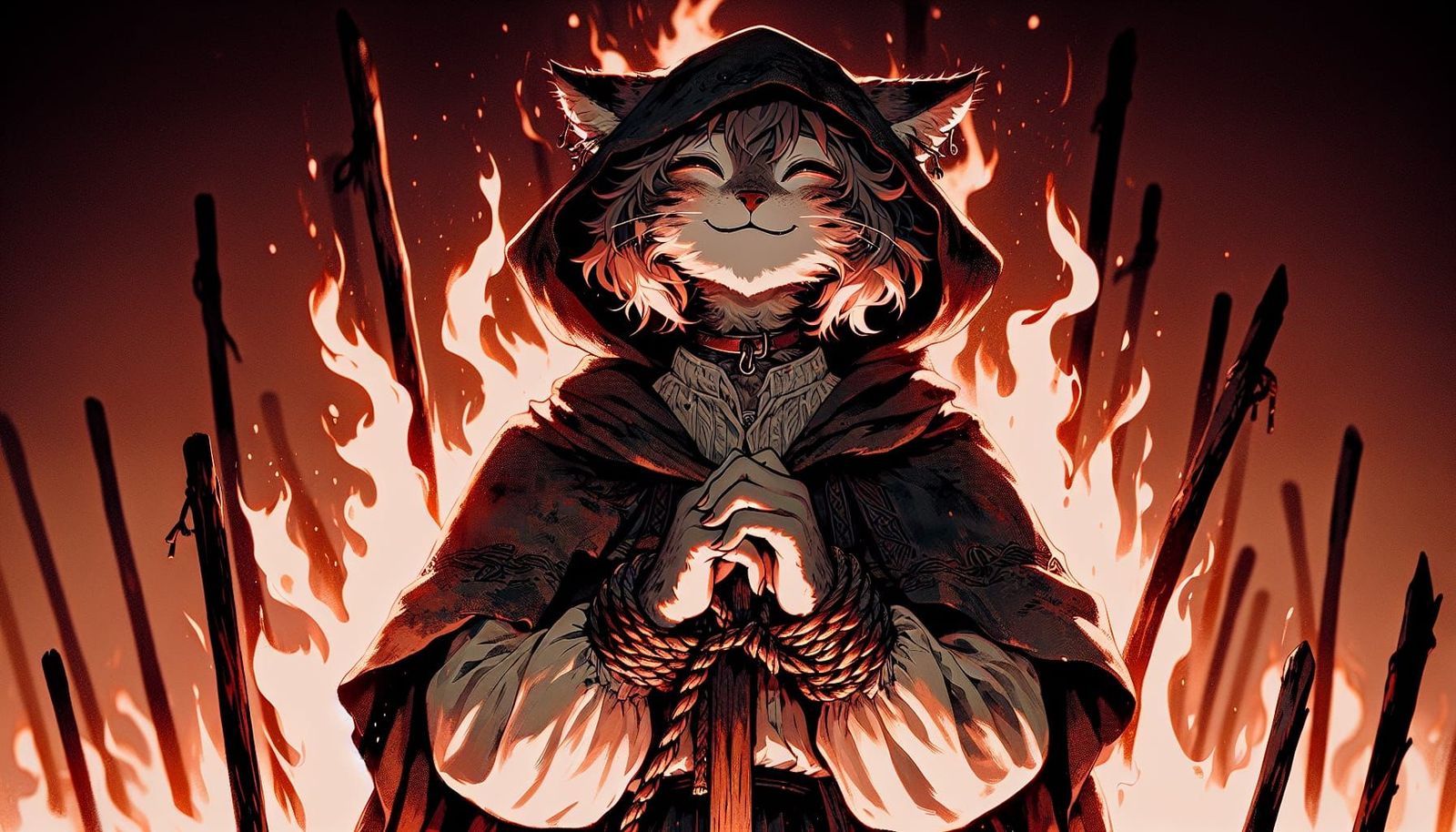 Anime Lynx Witch Ablaze in Dark Fantasy Scene