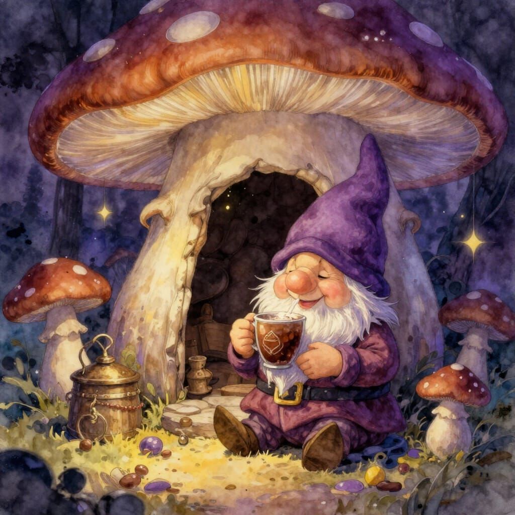 Christmas Gnome Enjoys Hot Chocolate in Mushroom Home