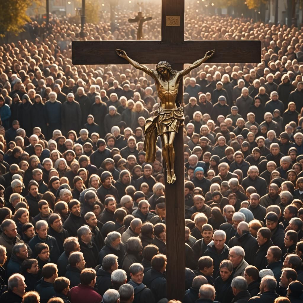 Prayers Under Colossal Cross in Orthodox Style