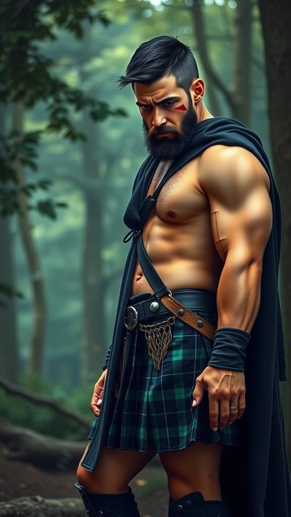 Brawny Man with Scars in Fantasy Forest