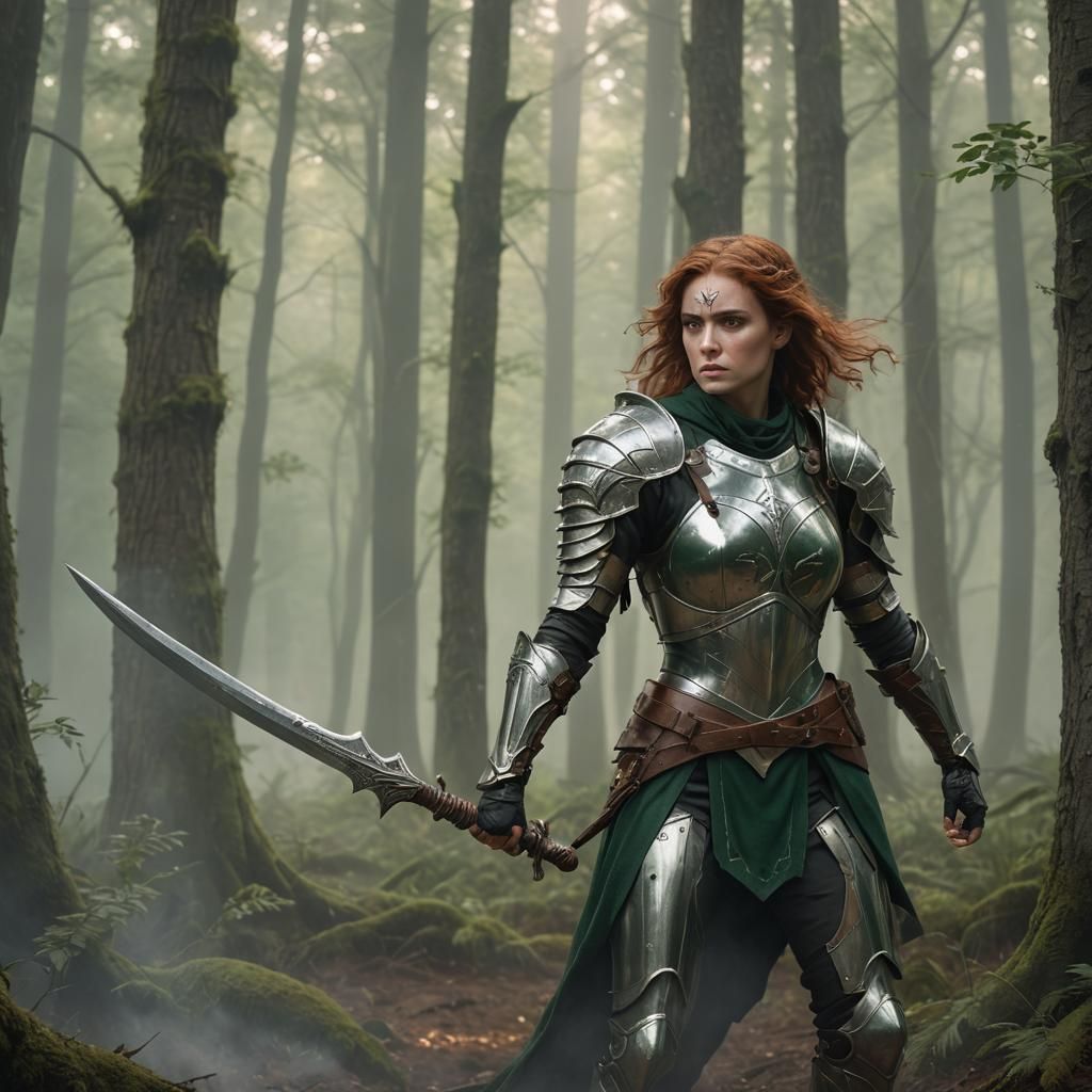 Female Warrior with Trident in Misty Forest