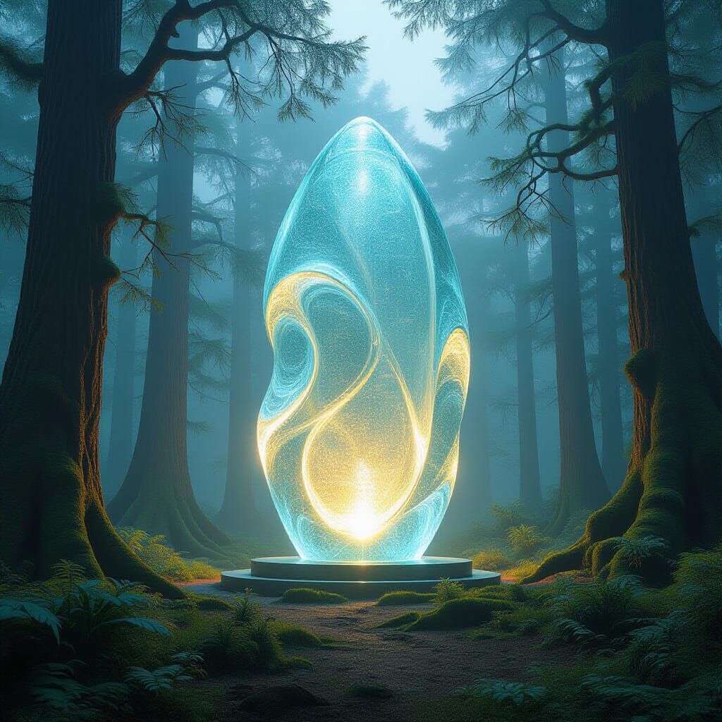 Colossal Bioluminescent Glass Creature in Misty Forest