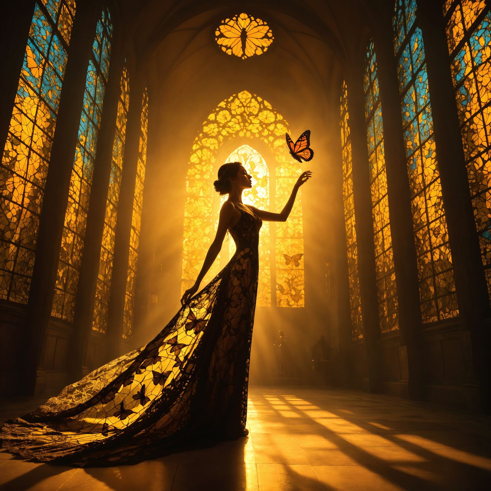 Woman in Cathedral Reaching for Butterfly