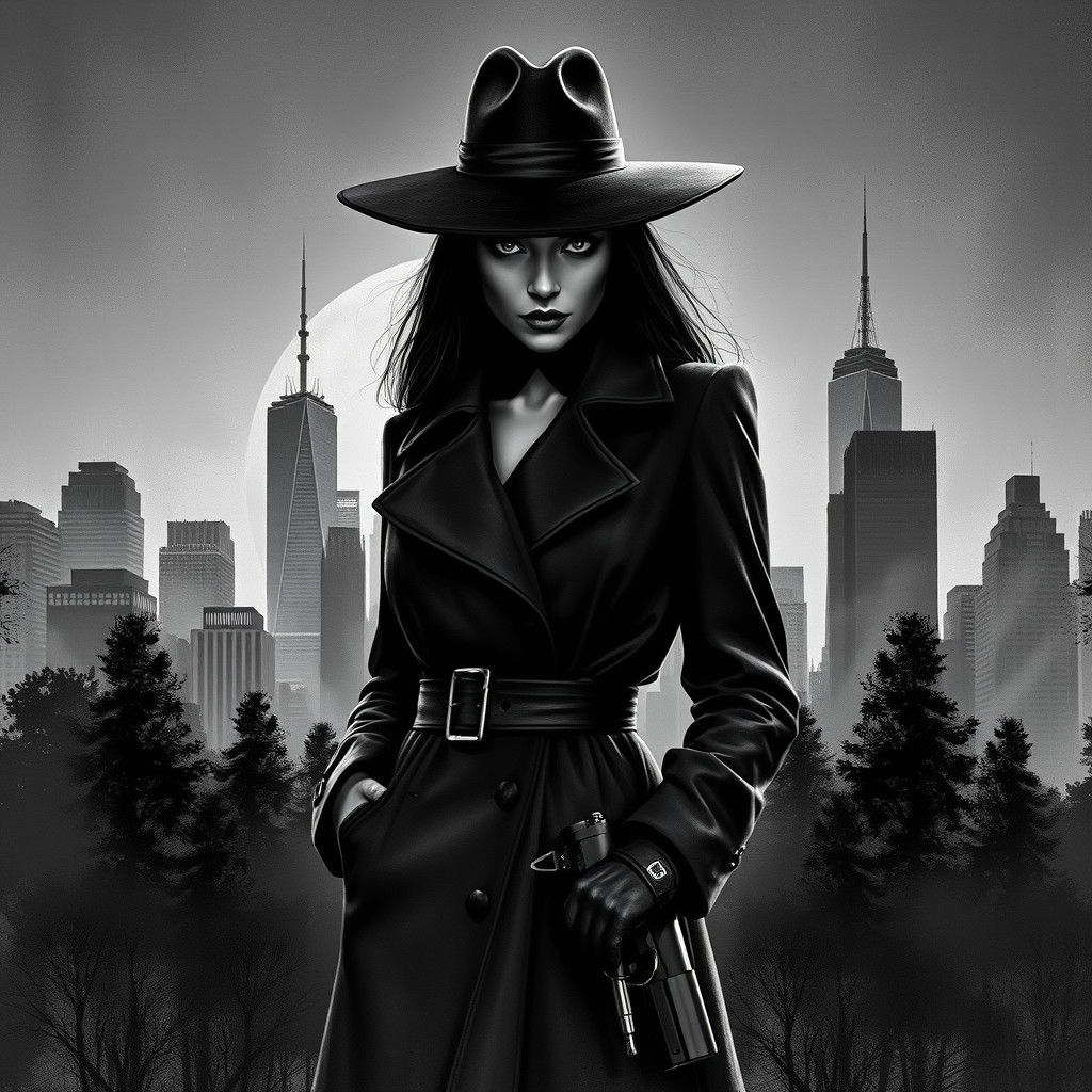 Mysterious Spy Woman in a Cityscape Dreamscape