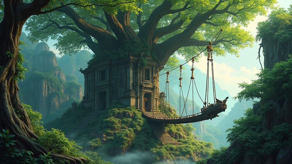 Banyan Tree Over Crumbling Temple with Pulley Bridge