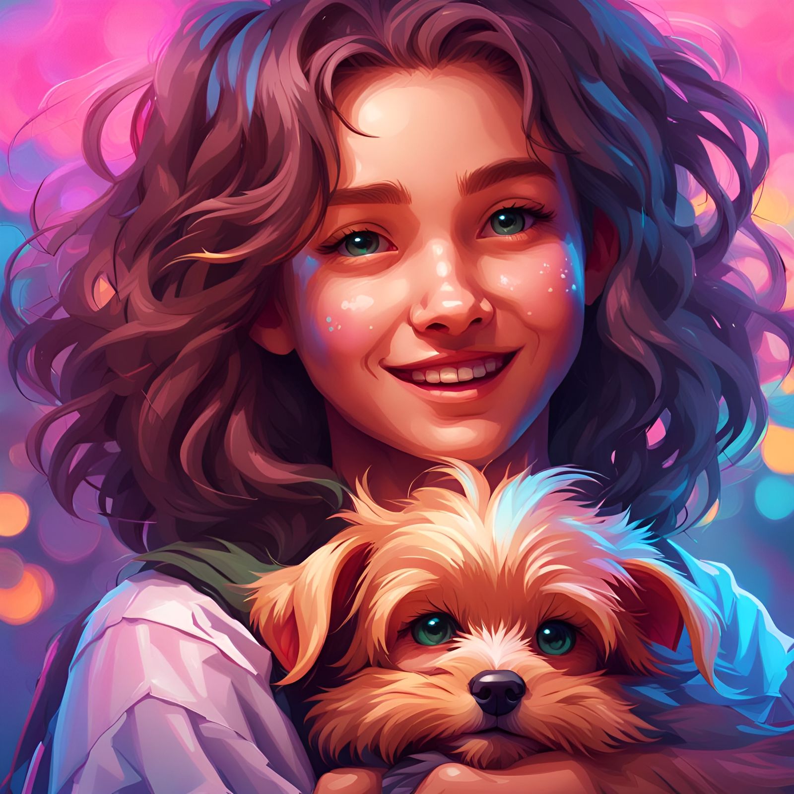 Girl with Puppy: Romantic Digital Art Portrait