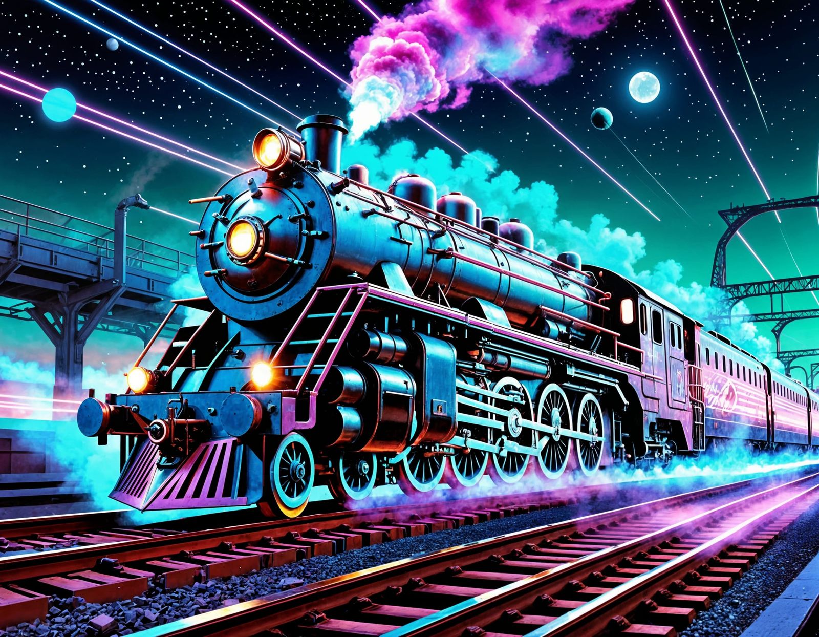 Cyberpunk Steam Locomotive Among the Stars