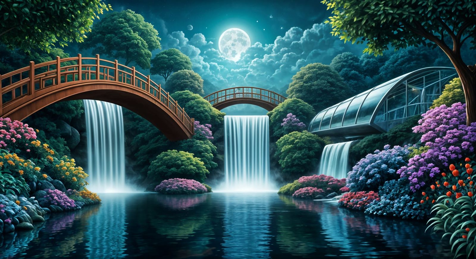 Serene Moonlit Garden with Elegant Bridges and Waterfalls