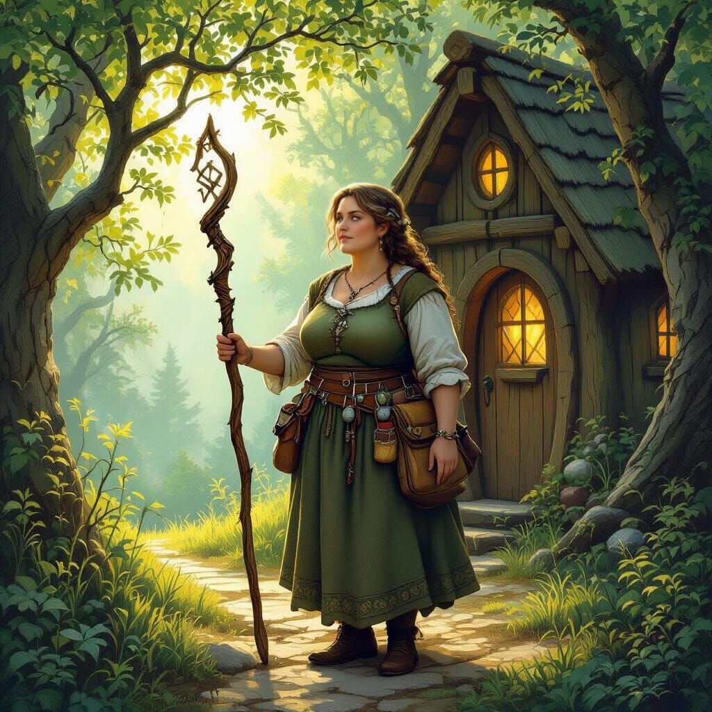 Fantasy Herbalist Woman by Forest Cottage