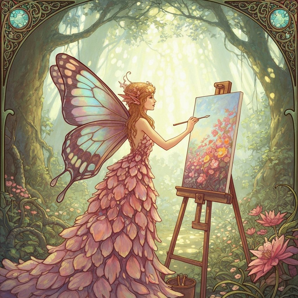 Whimsical Fairy Artist Painting Vibrant Landscape in Art Nou...