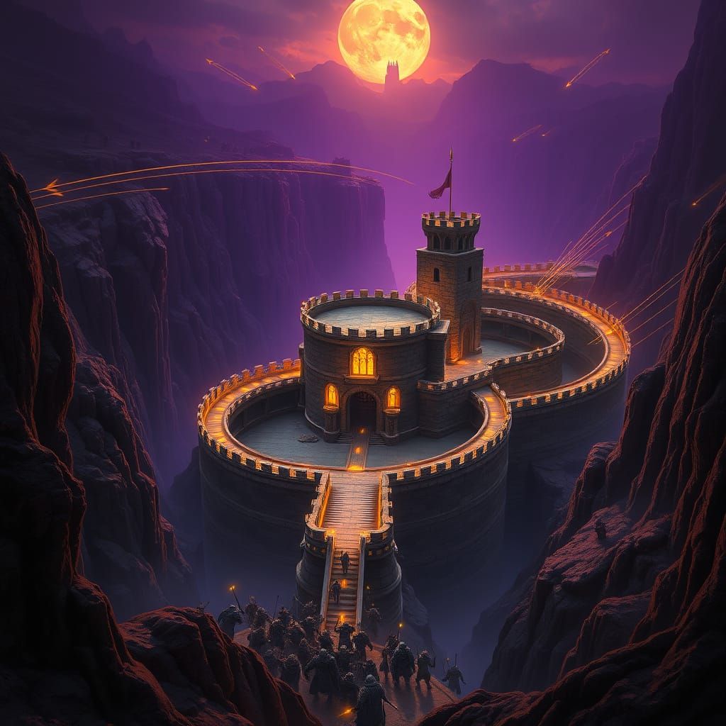 Majestic Fortress Under Siege in a Dark Canyon
