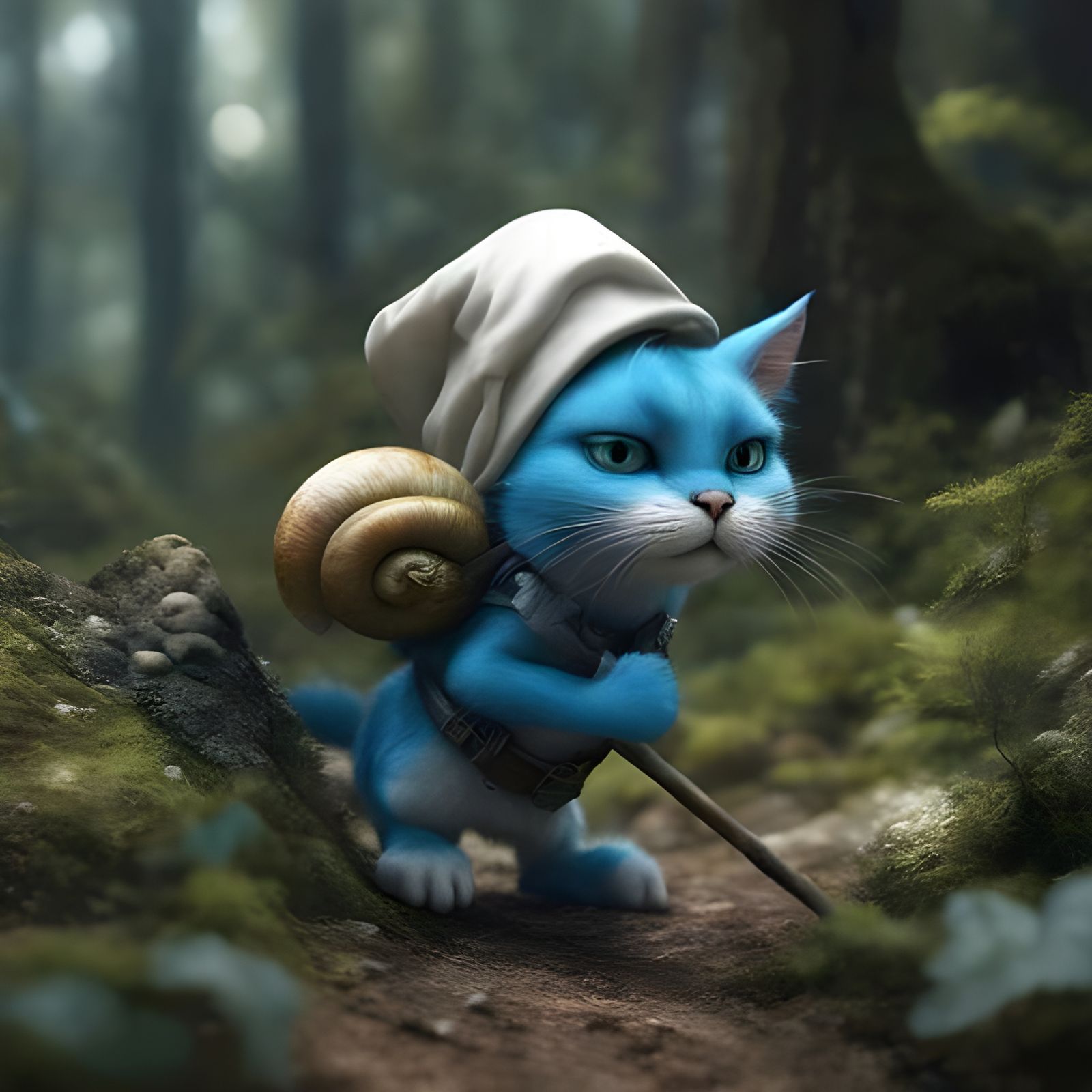 Cute Smurf Cat Hunting Snails in Forest
