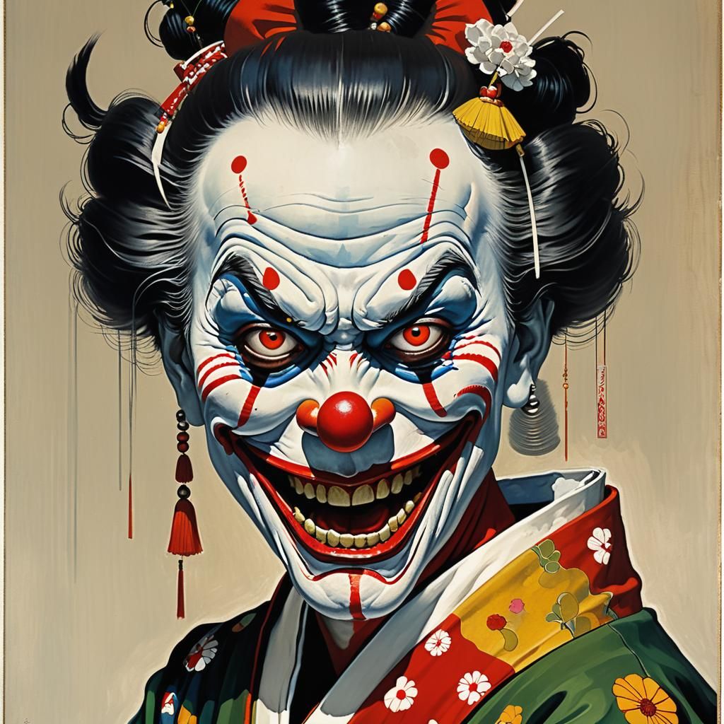 Eerie Geisha Clown in Norman Rockwell Style
