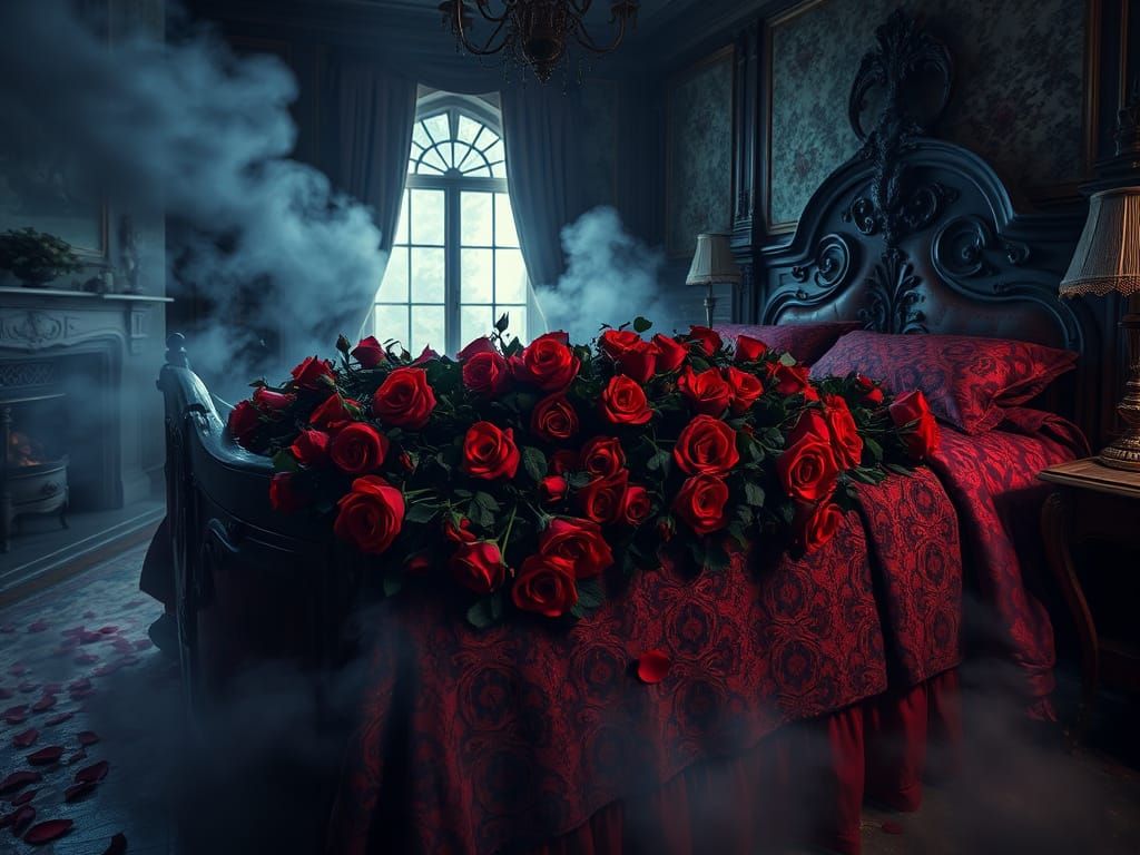 Eerie Victorian Bedroom with Fog and Roses