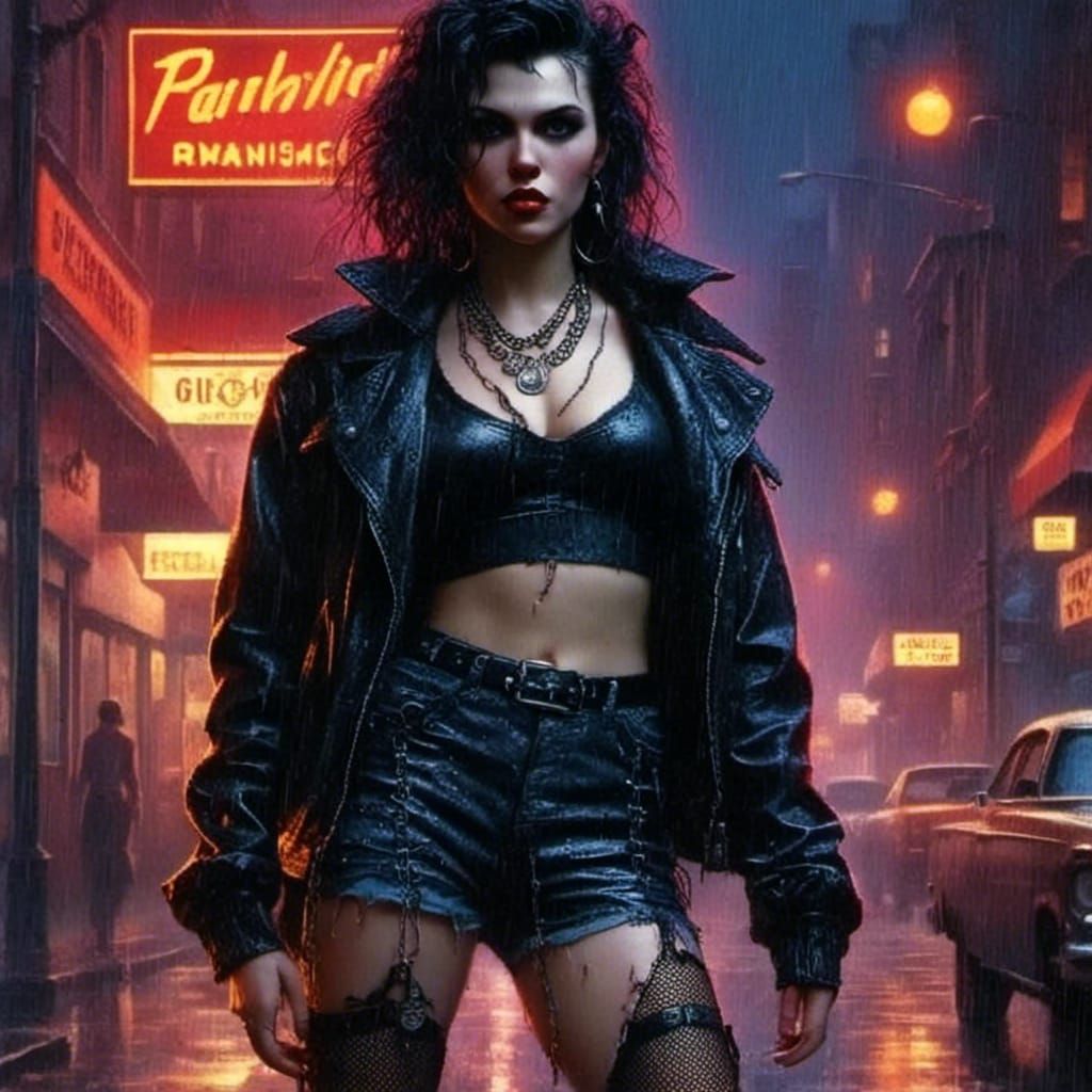Cyberpunk Woman Walking on Rainy Neon Street