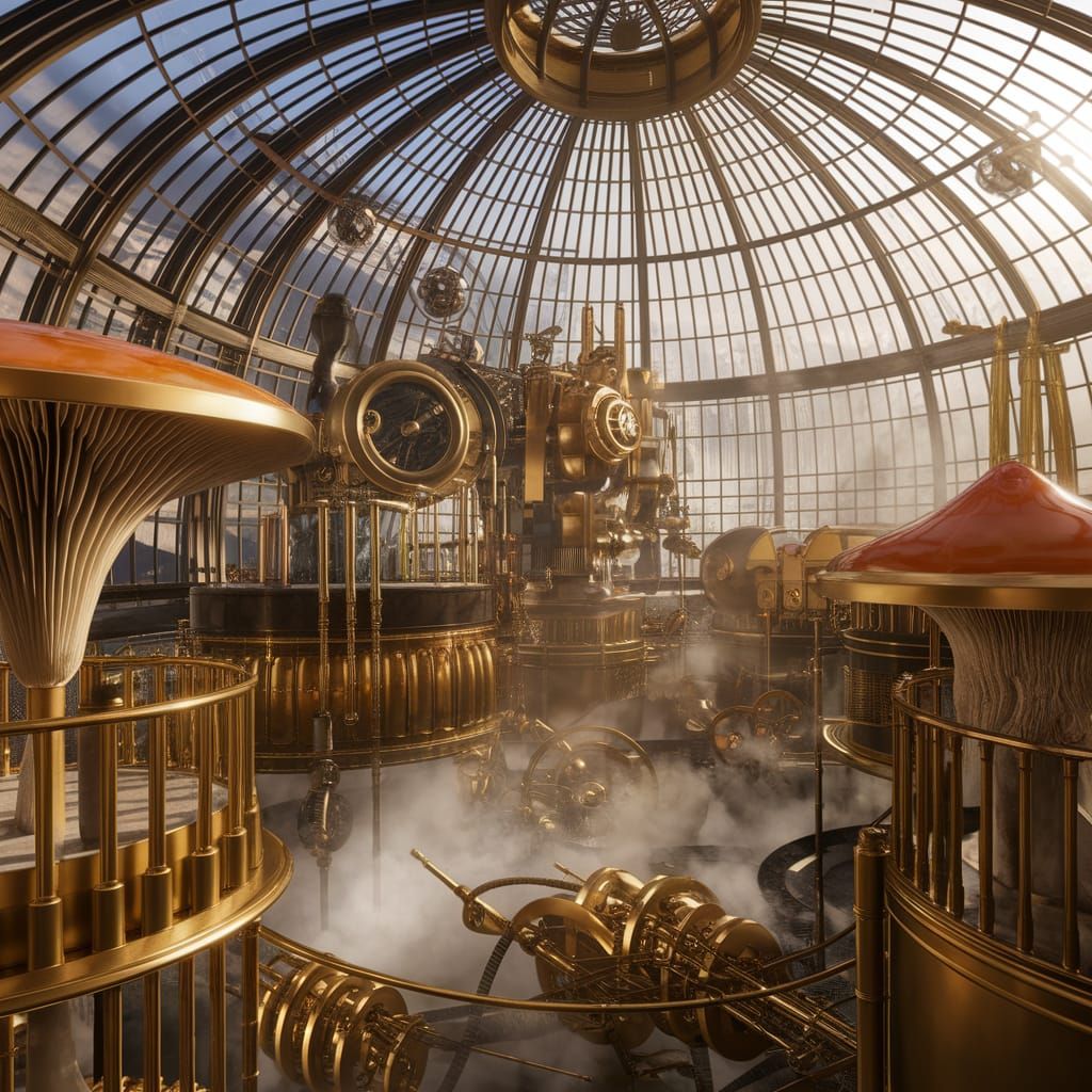 Steampunk Mushroom Farm in a Glass-Domed Greenhouse