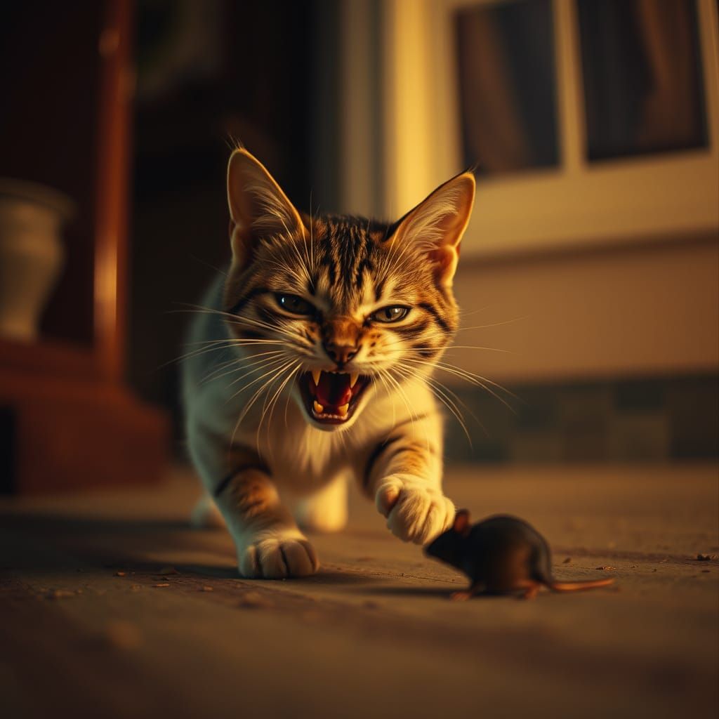 Angry Cat Chasing Mouse: Cinematic Film Still