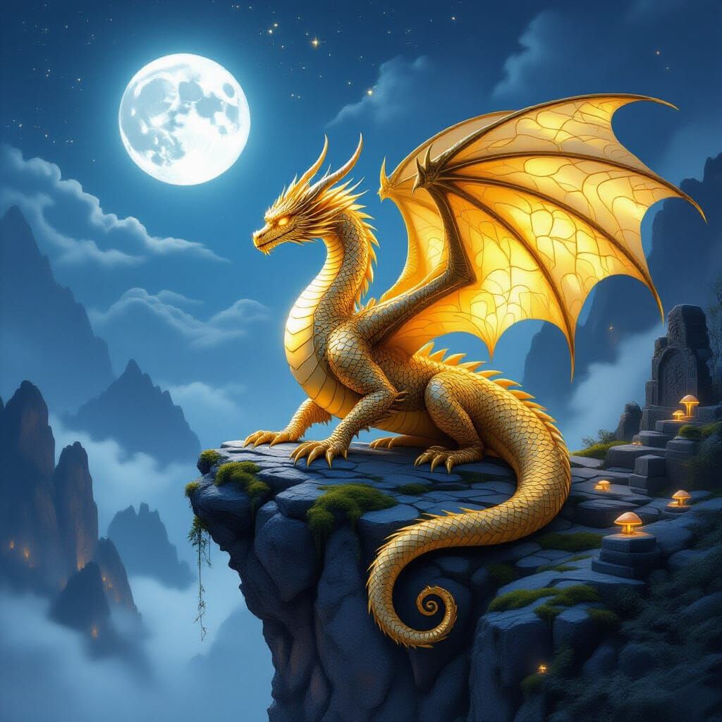 Golden Dragon on Cliff in Anime Fantasy Style