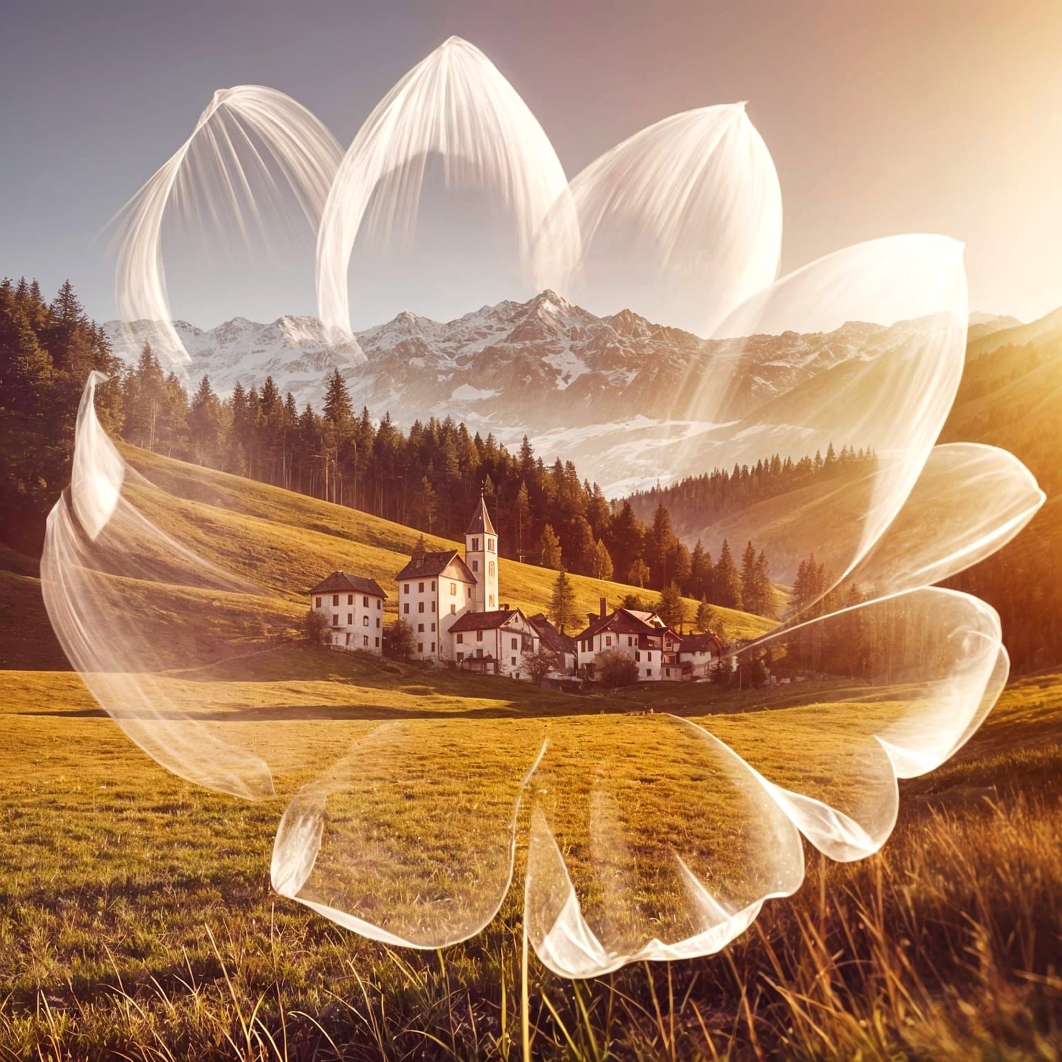 Enchanting Double Exposure: Flower Meets Alpine Village