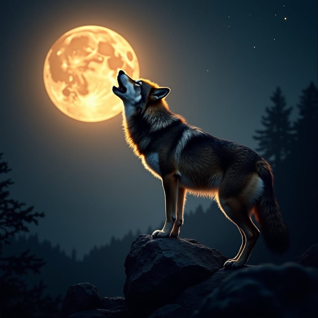 Wolf Howling at Moon in High-Contrast Portraiture