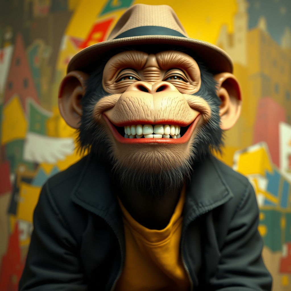 Laughing Monkey Portrait in Naive Expressionist Style