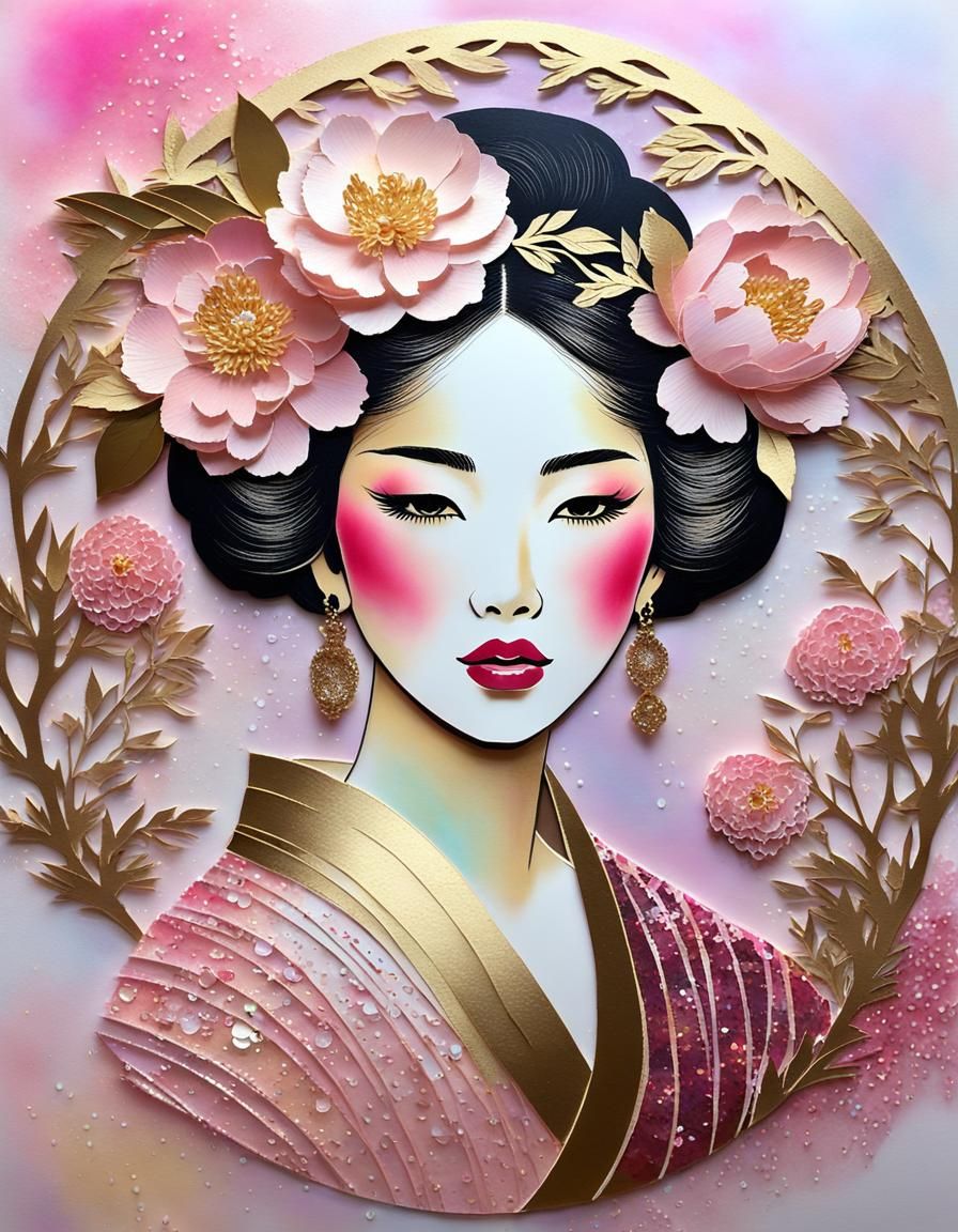 Salt Painting Portrait of Japanese Woman in Papercut Style